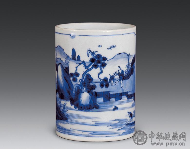 清康熙 青花山水诗文笔筒