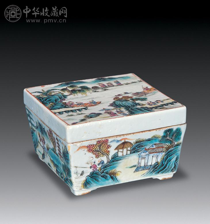 清 粉彩山水人物格盒