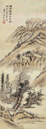 任予 渔舟小渡 轴 设色纸本