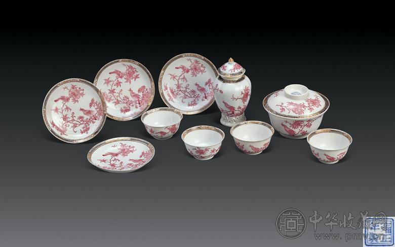 清雍正 胭脂水花鸟纹酒具(一套)