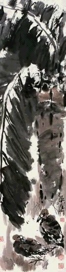 梁崎 蕉荫双栖 立轴 设色纸本