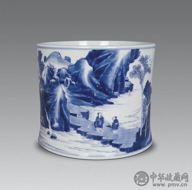 清康熙 青花山水人物笔筒