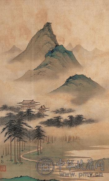 陈少梅 春山古寺 立轴 设色绢本