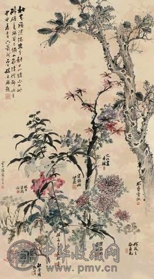 钱松嵒等 甲申(1944年)作 九秋图 中堂 设色纸本