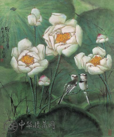 钱行健 荷塘双雀 镜心 设色纸本