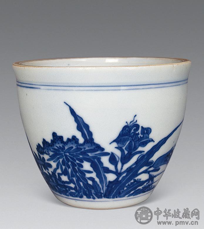 明崇祯 青花花鸟纹小卷缸