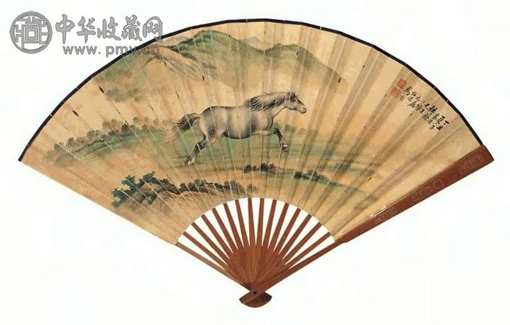 马晋 平川飞骏图并隶书 成扇 设色绢本