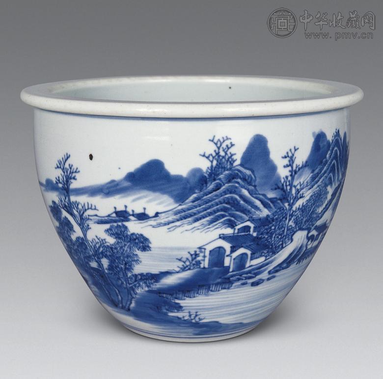 清雍正 青花山水小卷缸