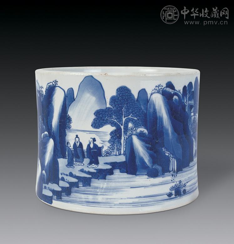 清康熙 青花山水人物纹笔筒