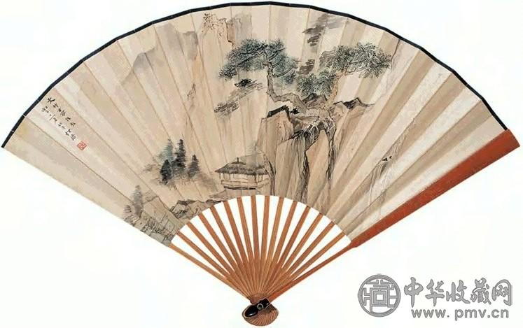 何海霞 赵环宝 峭崖松堂图 蝇头小楷老子道德径 成扇 设色纸本