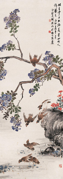 胡汀鹭 己卯(1939年)作 花鸟 立轴 设色纸本