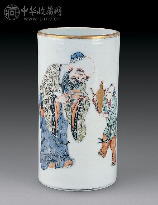 清道光 粉彩饮酒图笔筒