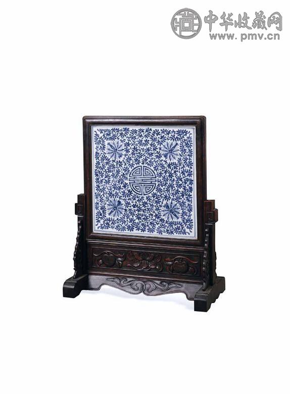 清道光 青花花卉团寿插屏