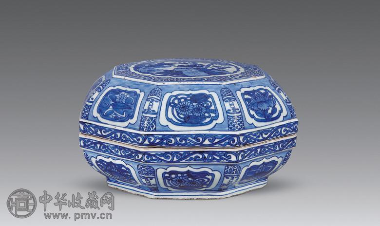 明万历 青花花卉开光花鸟纹捧盒