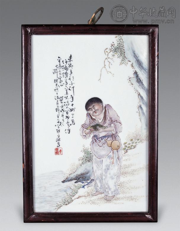 民国 粉彩刘海戏金蟾瓷板