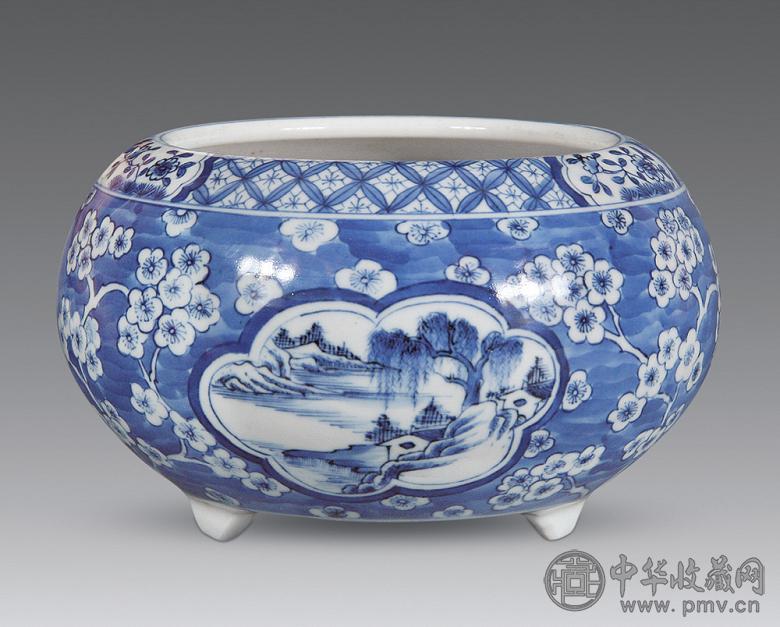 清光绪 青花冰梅开光山水纹三足洗