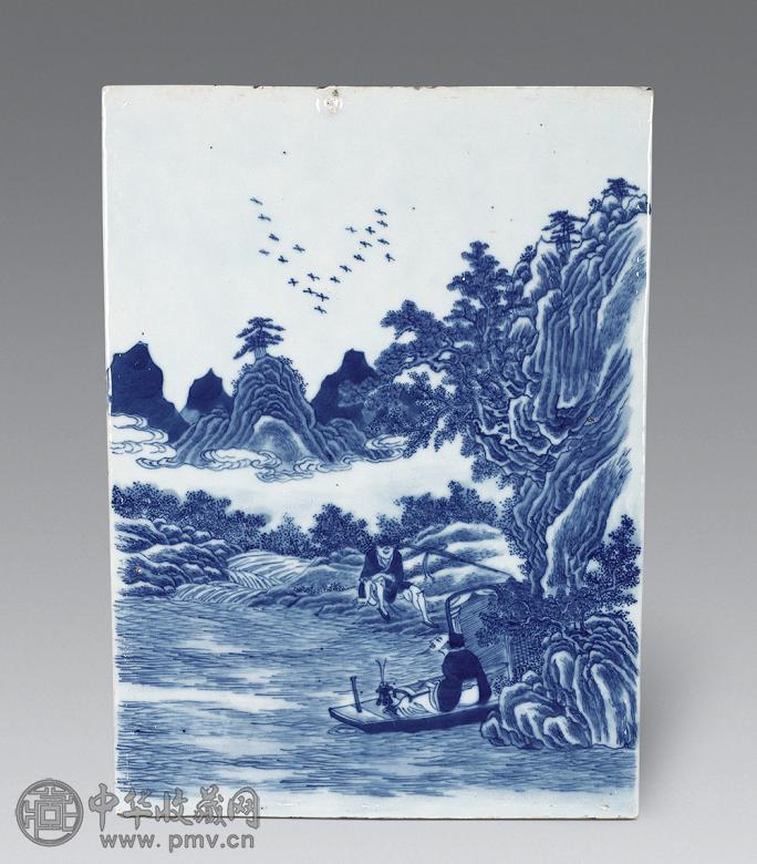 清中期 青花山水人物瓷板