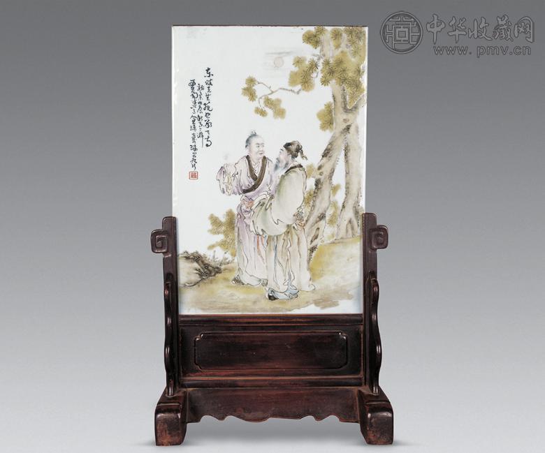民国 王琦绘粉彩东坡先生瓷板插屏