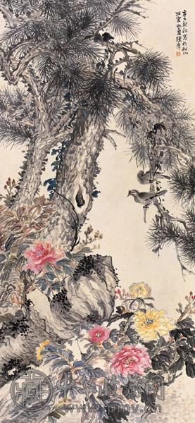 陈摩 辛巳(1941年)作 花鸟 中堂 设色纸本