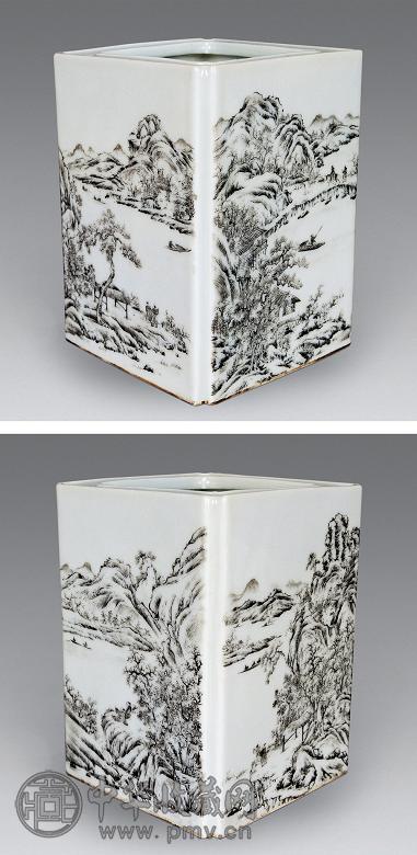 民国 墨彩山水方笔筒