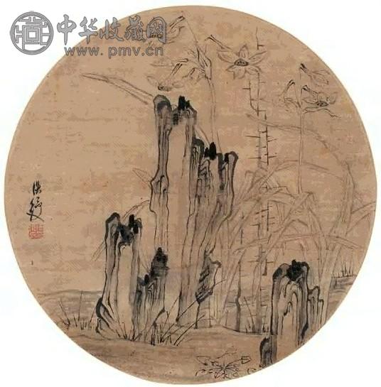 陈洪绶 苍石奇葩图 立轴 水墨绢本