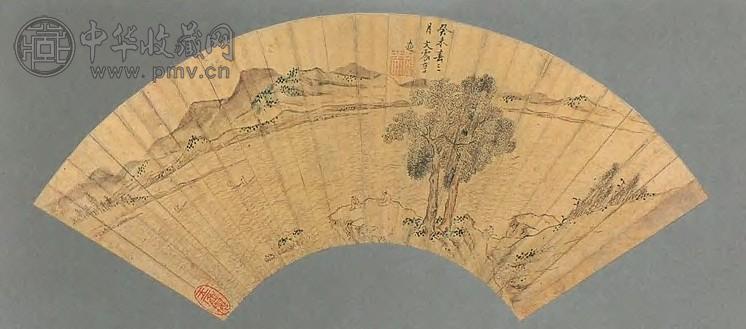 文震亨 1643年作 春江清趣图 扇面 设色金笺