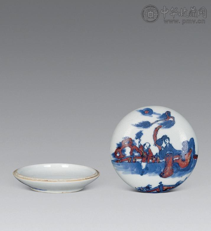 清光绪 青花釉里红人物印盒