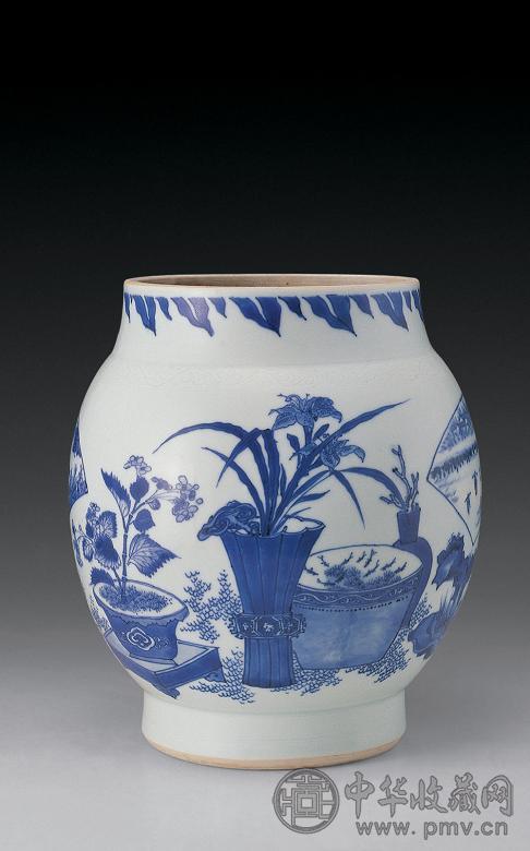 明崇祯 青花博古开光山水人物缸