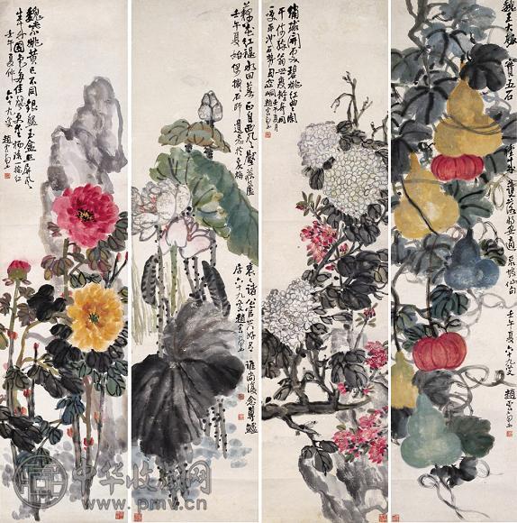 赵云壑 壬午(1942年)作 花卉四屏 轴 设色纸本