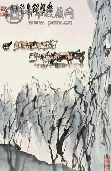 王学仲 垂杨饮马 立轴 设色纸本