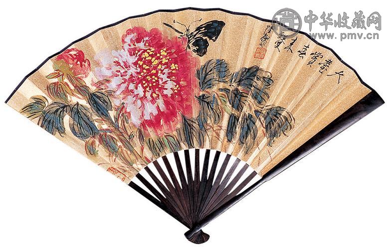 陆抑非 花卉 书法 成扇 泥金纸本