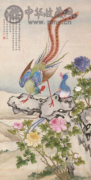 沈全 凤凰花石 立轴 设色描金纸本