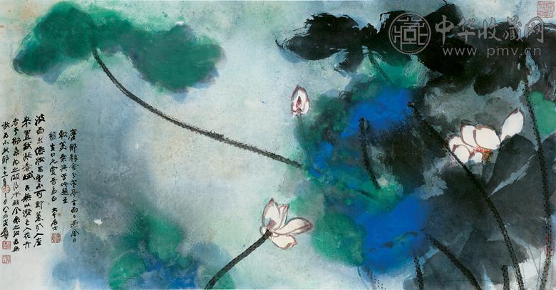 张大千 1982年作 泼彩雨荷 镜心 设色纸本
