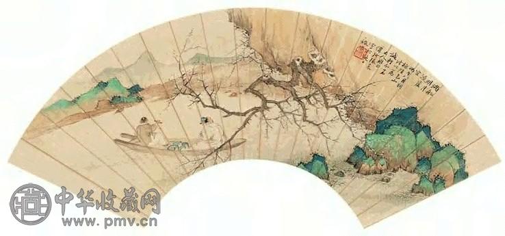 张震 丙午(1846年)作 满船明月浸虚空 扇片 设色纸本