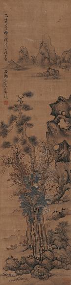 蓝瑛 乙亥(1635年)作 秋林曳杖图 立轴 设色绢本
