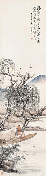 袁培基 甲子(1924年)作 柳溪归渔 屏条 设色纸本