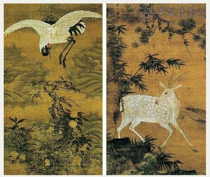 明 松竹白鹿、海桃仙鹤 立轴 二幅 设色绢本