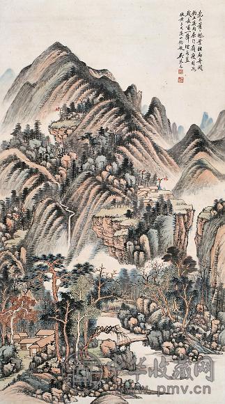 吴琴木 溪山钓艇 立轴 设色纸本