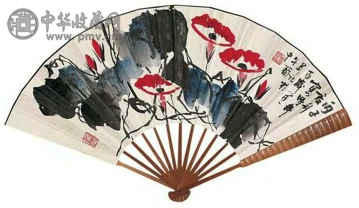 钱君匋 丙子(1996年作) 牵牛花 书法 扇面 设色纸本