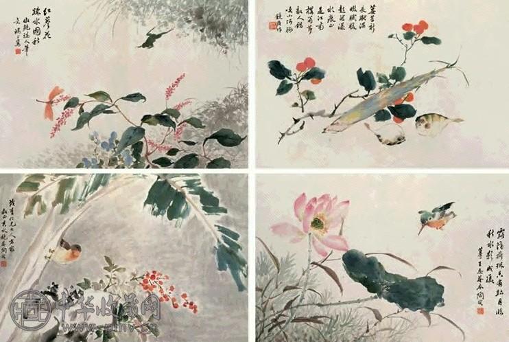 汪溶 1859年 仿古花鸟 册页(16开选4) 设色纸本