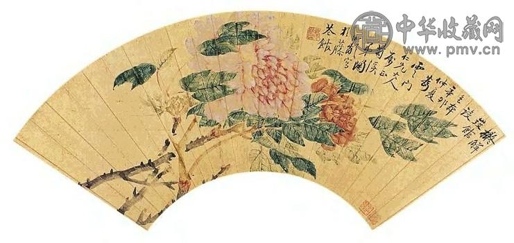 陶湘龄 1831年作 牡丹 扇面 设色金底笺本