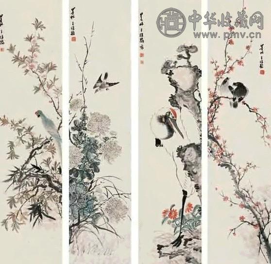 王维翰 花鸟 四屏 设色纸本