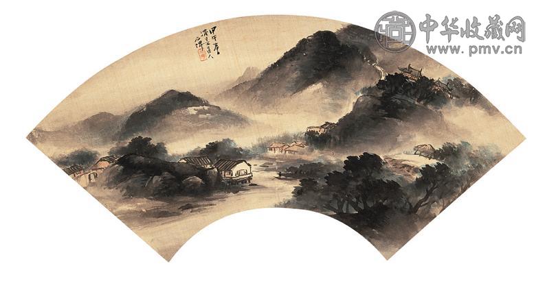 吴石僊 甲午(1894年)作 溪山晚照 扇轴 设色绢本