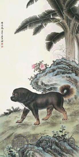 马晋 芭蕉洋犬 立轴 设色绢本