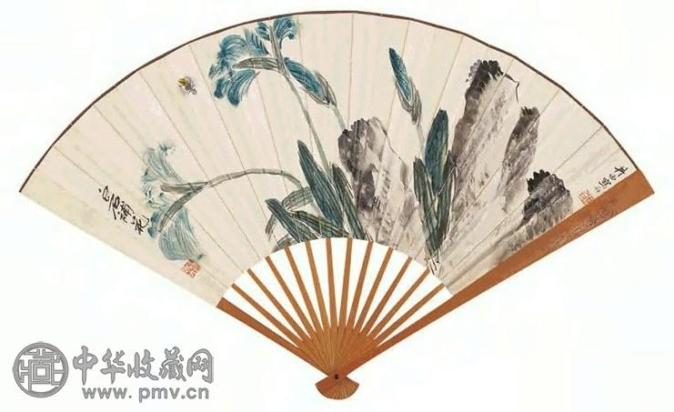 齐白石 祁崑 花石蜜蜂 成扇 设色纸本