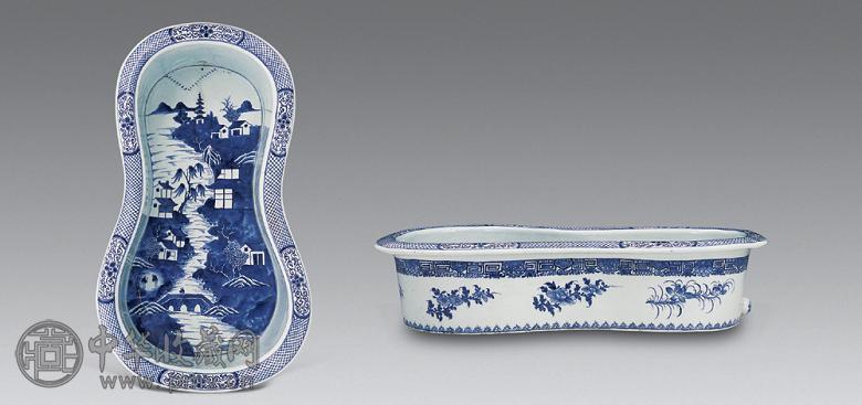 清 青花山水花卉腰形盆