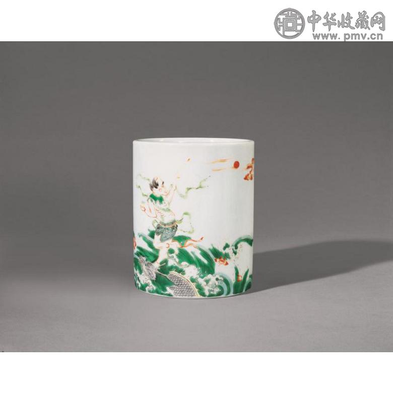 清康熙 五彩“独佔鳌头”图笔筒