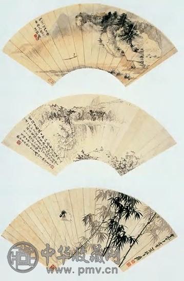 セール 一番安い 张大千近现代仿烟江叠嶂图、罗浮宝积野色图、高扇面(3开) 收藏 書