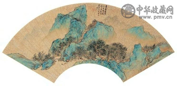 朱昂之 层峦萧寺图 扇面 设色洒金笺