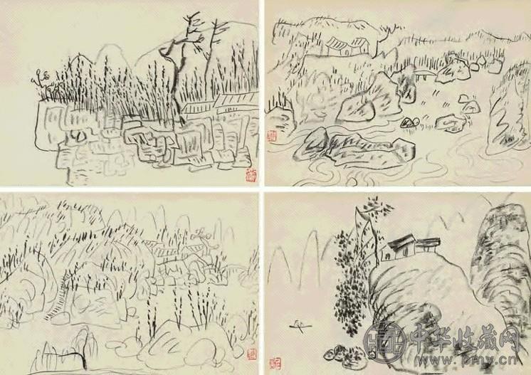 陈子庄 山水(12开选4) 纸本铅笔